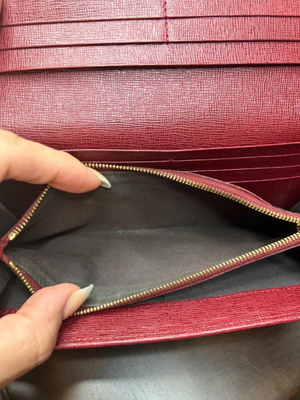 Fendi Burgundy Textured Leather Continental Wallet with Gold Plate with COA